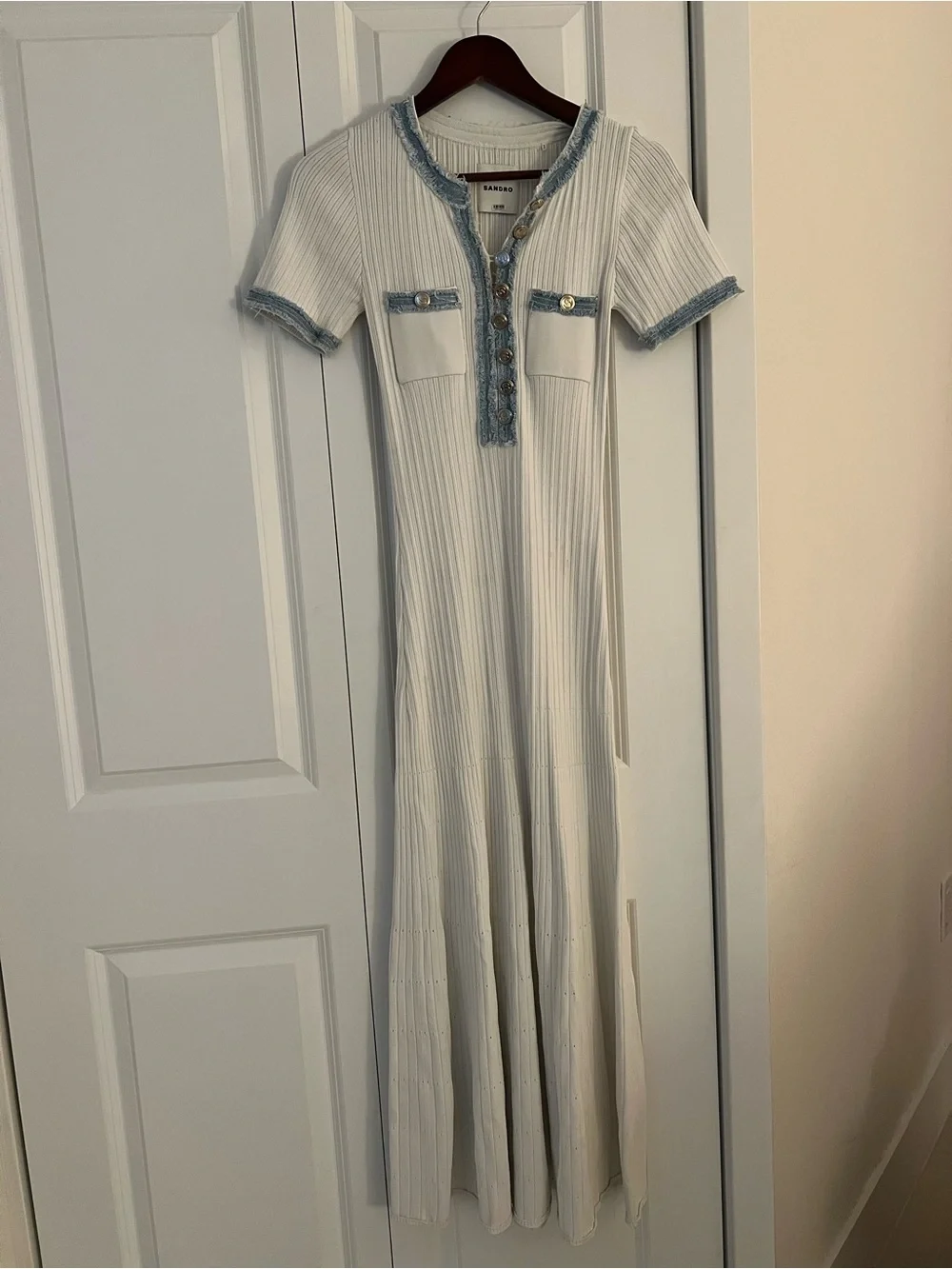 Sandro White Ribbed Maxi Dress with Light Blue Denim Trim - Picture 1 of 6